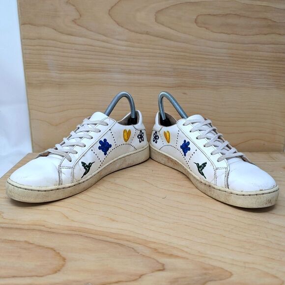 Jack Rogers Kennedy White Leather Embroidered Sneakers Size 8 Turtle & Heart - Picture 2 of 7